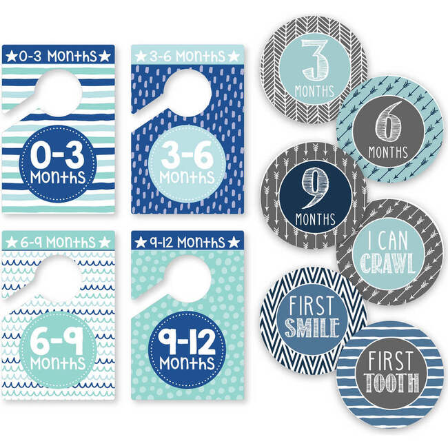 6-Piece Ocean Blue Baby Closet Dividers & 16-Piece Baby Milestone Stickers Baby Shower Gift, Multicolors