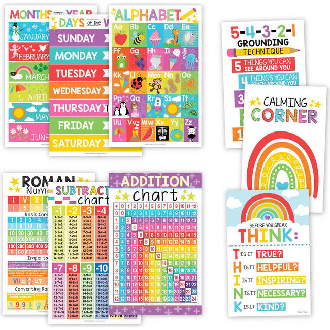 16-Piece Laminated Colorful Prek & Kindergarten Posters, 12-Piece Math Basics Posters & 8-Piece Calming Corner Posters, Multicolors