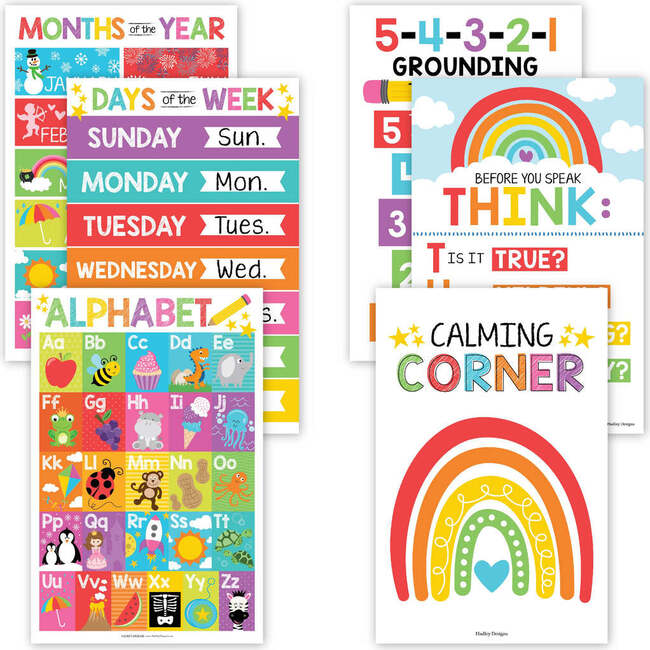 16-Piece Laminated Colorful Prek & Kindergarten Posters & 8-Piece Calming Corner Posters, Multicolors