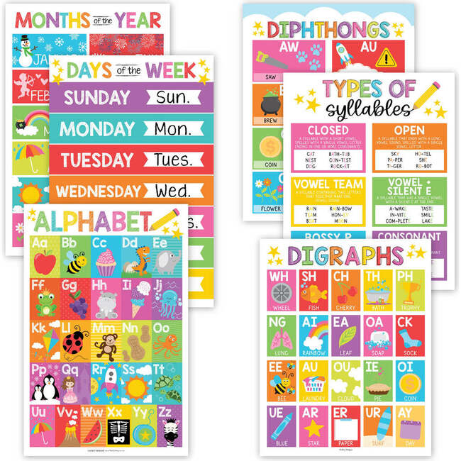 16-Piece Colorful Prek & Kindergarten Posters & 9-Piece Phonics & Vowels Posters, Multicolors