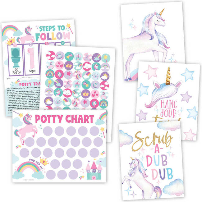 10-Piece Unicorn Potty Training Charts & 6-Piece Bathroom Wall Art Decor Prints, Multicolors