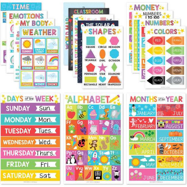 16-Piece Colorful Prek & Kindergarten Posters & 9-Piece Phonics & Vowels Posters, Multicolors - Paper Goods - 2