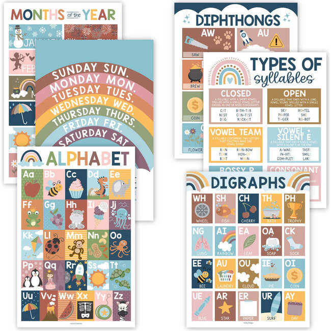 16-Piece Boho Rainbow Prek & Kindergarten Posters & 9-Piece Phonics & Vowels Posters, Multicolors