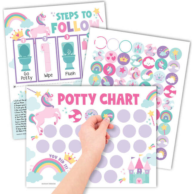 10-Piece Unicorn Potty Training Charts & 6-Piece Bathroom Wall Art Decor Prints, Multicolors - Paper Goods - 2