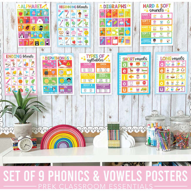 16-Piece Colorful Prek & Kindergarten Posters & 9-Piece Phonics & Vowels Posters, Multicolors - Paper Goods - 6