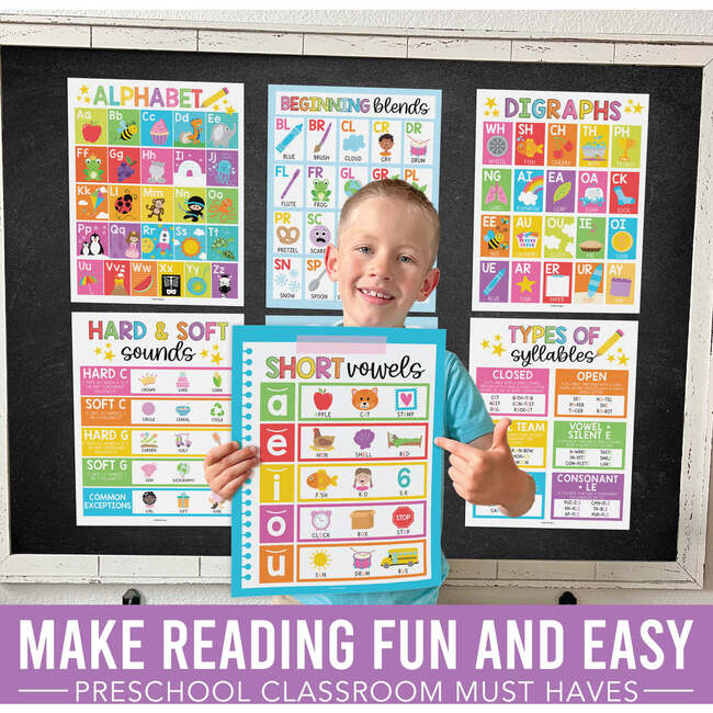 16-Piece Colorful Prek & Kindergarten Posters & 9-Piece Phonics & Vowels Posters, Multicolors - Paper Goods - 7