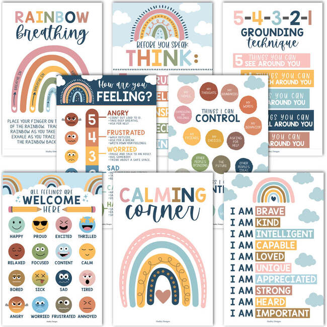 16-Piece Laminated Boho Rainbow Prek & Kindergarten Posters, 12-Piece Math Basics Posters & 8-Piece Calming Corner Posters, Multicolors - Paper Goods - 6