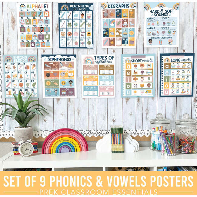 16-Piece Boho Rainbow Prek & Kindergarten Posters & 9-Piece Phonics & Vowels Posters, Multicolors - Paper Goods - 6