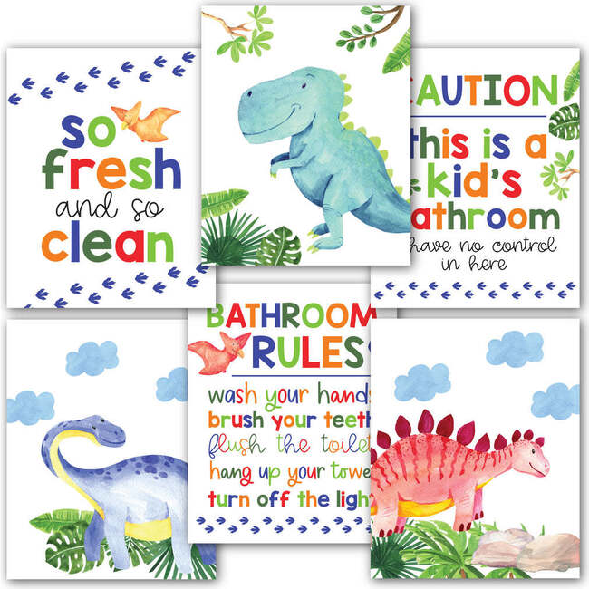 10-Piece Dinosaur Potty Training Charts & 6-Piece Dino Bathroom Wall Art Decor Prints, Multicolors - Paper Goods - 5