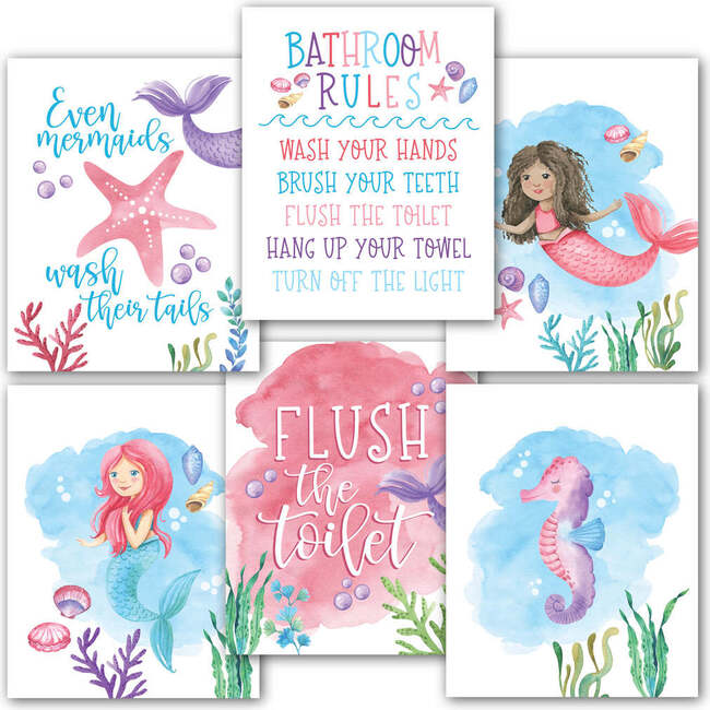 10-Piece Mermaid Potty Training Charts & 6-Piece Under the Sea Bathroom Wall Art Decor Prints, Multicolors - Paper Goods - 5