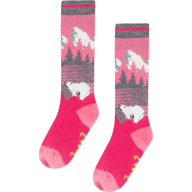 Mountain & Polar Bears Pattern Ski Socks, Pink