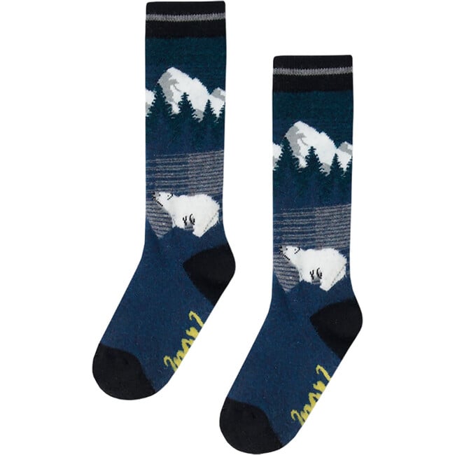 Mountain & Polar Bears Pattern Ski Socks, Majolica Blue