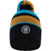 Ribbed Knit Pompom Beanie Hat, Blue, Black & Spice - Hats - 1 - thumbnail