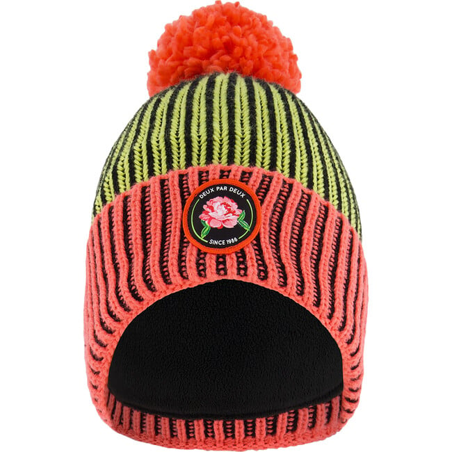 Ribbed Knit Pompom Beanie Hat, Black, Lime & Coral