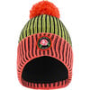 Ribbed Knit Pompom Beanie Hat, Black, Lime & Coral - Hats - 1 - thumbnail