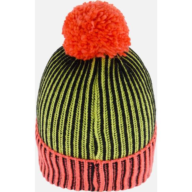 Ribbed Knit Pompom Beanie Hat, Black, Lime & Coral - Hats - 3