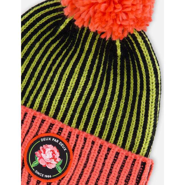 Ribbed Knit Pompom Beanie Hat, Black, Lime & Coral - Hats - 4