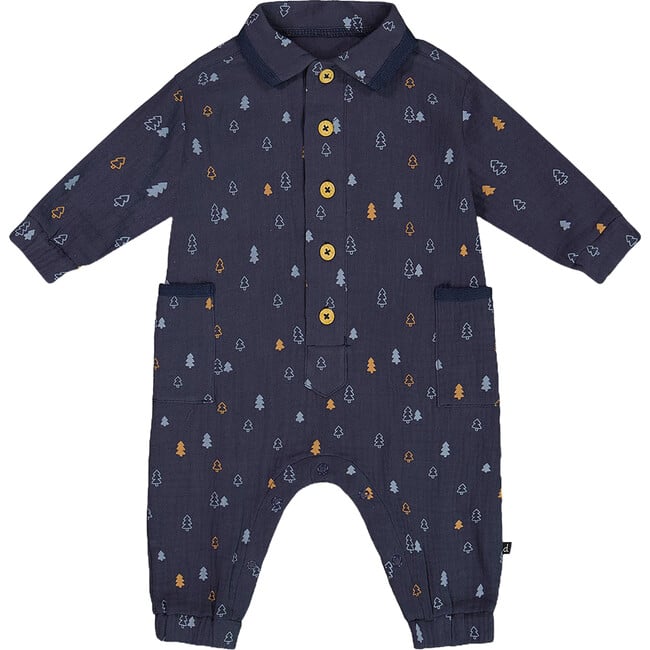 Pine Print Muslin Collared Long Sleeve Buttoned Jumpsuit, Blue