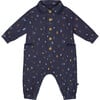 Pine Print Muslin Collared Long Sleeve Buttoned Jumpsuit, Blue - Rompers - 1 - thumbnail