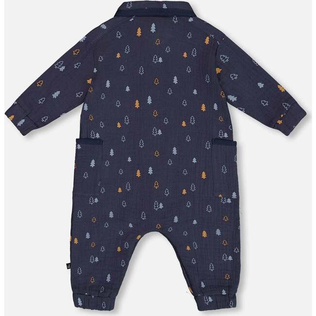 Pine Print Muslin Collared Long Sleeve Buttoned Jumpsuit, Blue - Rompers - 2