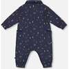 Pine Print Muslin Collared Long Sleeve Buttoned Jumpsuit, Blue - Rompers - 2