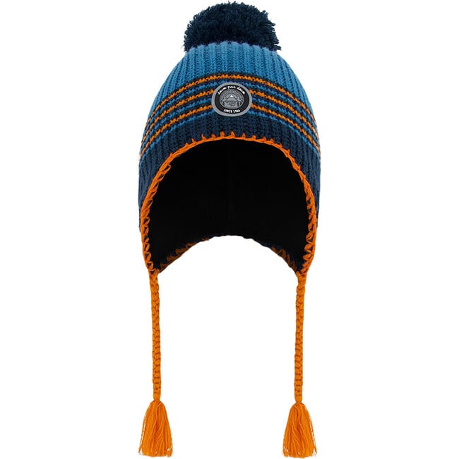 Peruvian Knit Braided Tassel Pompom Hat, Blue & Orange