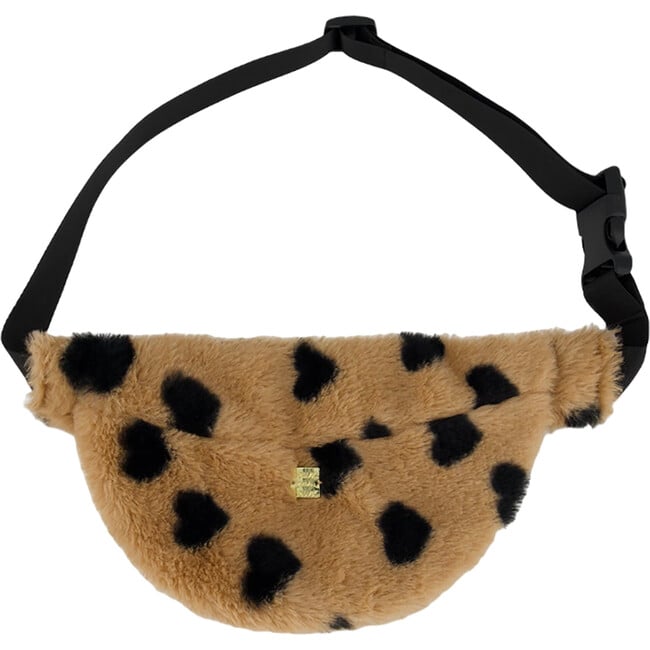 Heart Print Faux Fur Adjustable Waist Strap Fanny Bag, Caramel