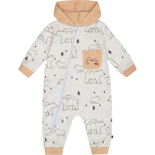 Bears Print Organic Cotton Hooded Jumpsuit, Gray Mix