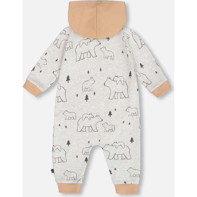 Bears Print Organic Cotton Hooded Jumpsuit, Gray Mix - Rompers - 3