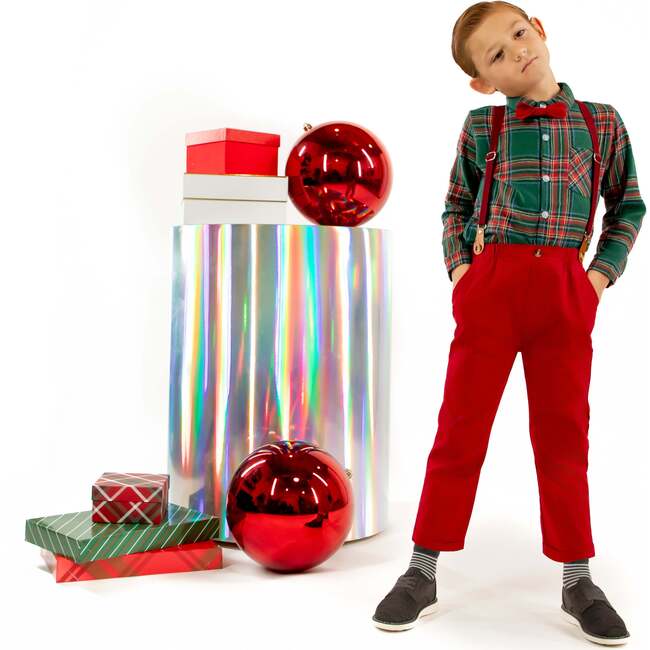 Premium Child Festive Plaid Button Up And Bow Tie Set