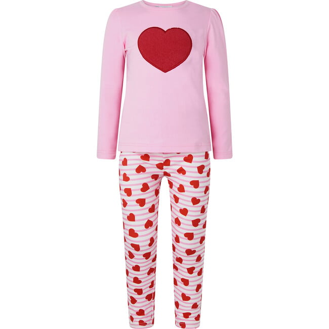 Striped Heart Print Jersey Top & Legging Set, Pink