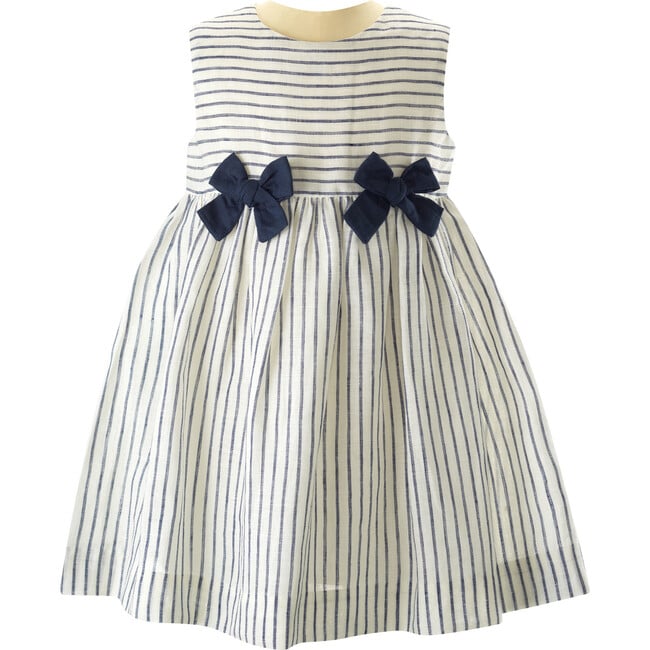 Striped Linen Bow Gathered Skirt Dress, Navy