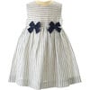 Striped Linen Bow Gathered Skirt Dress, Navy - Dresses - 1 - thumbnail