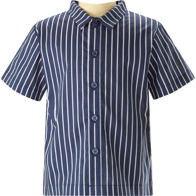 Striped Classic Collar Short Sleeve Button-Down Shirt, Navy