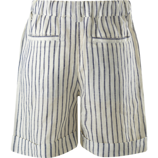 Striped Linen Elastic Waist Button Shorts, Navy - Shorts - 2