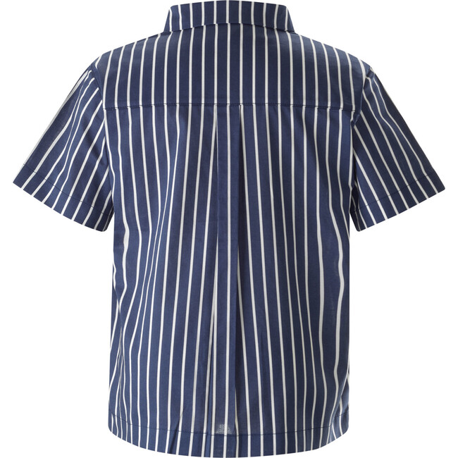 Striped Classic Collar Short Sleeve Button-Down Shirt, Navy - Button Downs - 2