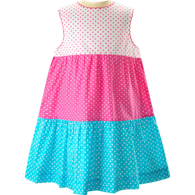 Polka Dotted Picot Trim Sleeveless Tiered Dress, Pink