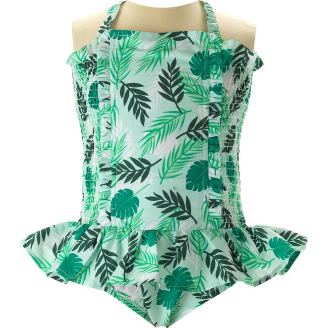 Palm Tree Print Ruched Elastic Neck Strap Swimsuit, Green