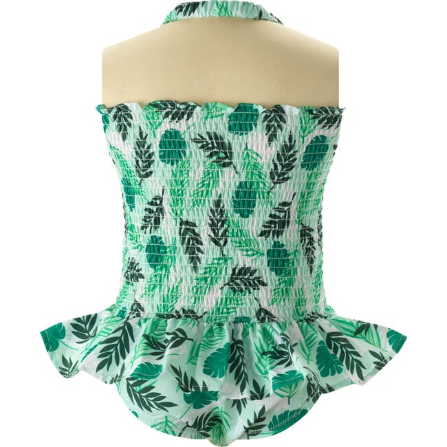 Palm Tree Print Ruched Elastic Neck Strap Swimsuit, Green - One Pieces - 2