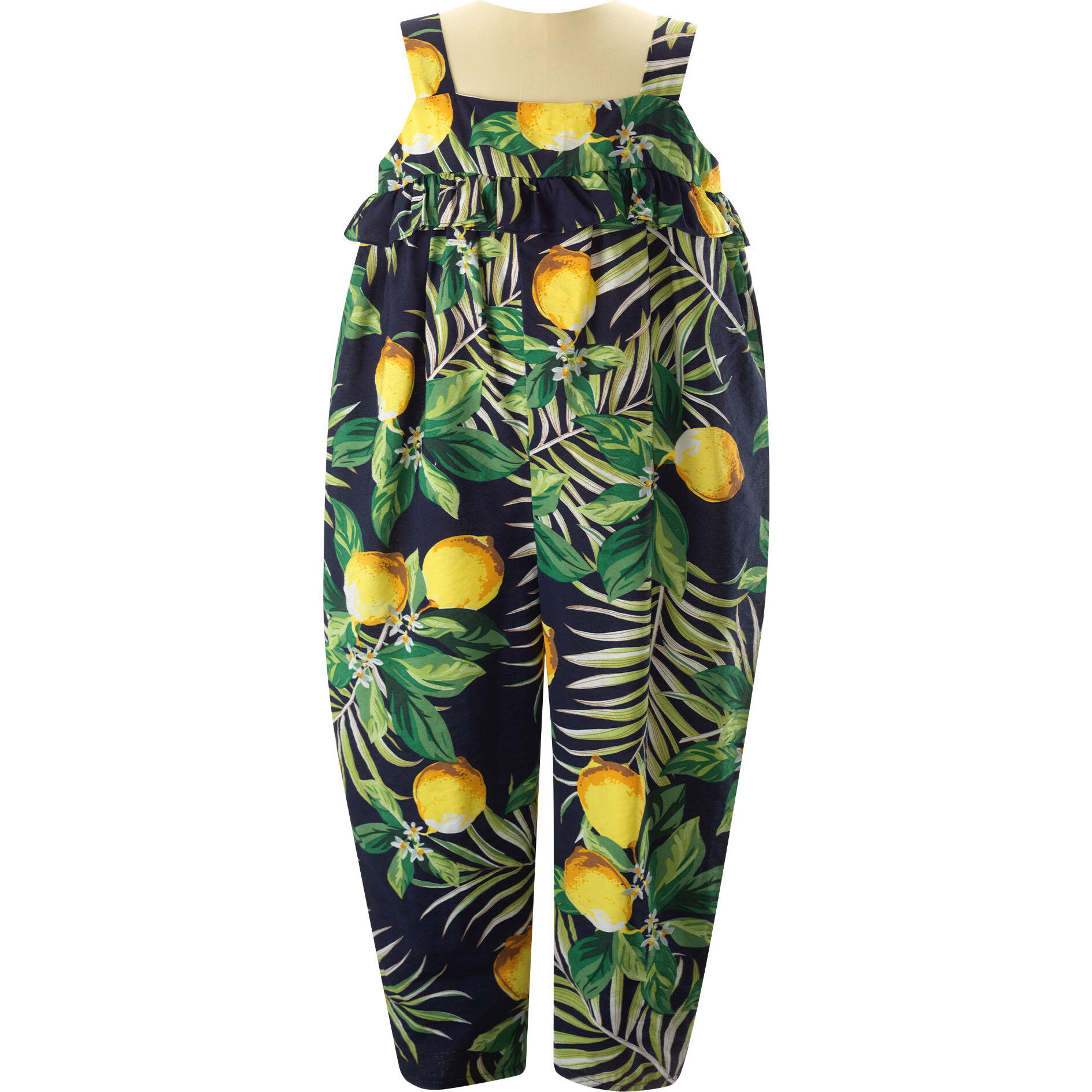 Lemon Print Ruffle Chest Wide Strap Jumpsuit, Navy - Rompers - 1