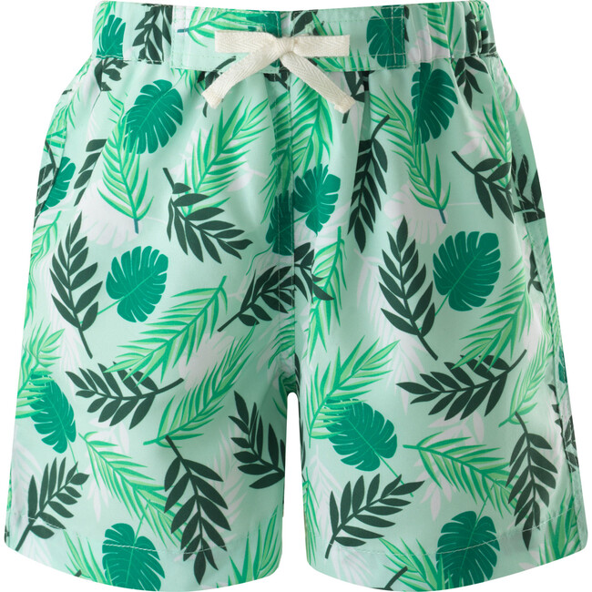 Palm Tree Print Elastic Waist Drawstring Swim Trunks, Green