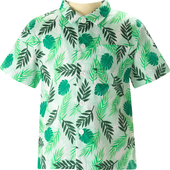 Palm Tree Print Open Neck Short Sleeve Button-Down Shirt, Green