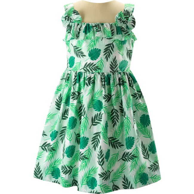 Palm Tree Print Cotton Ruffle Bow Strap Sundress, Green