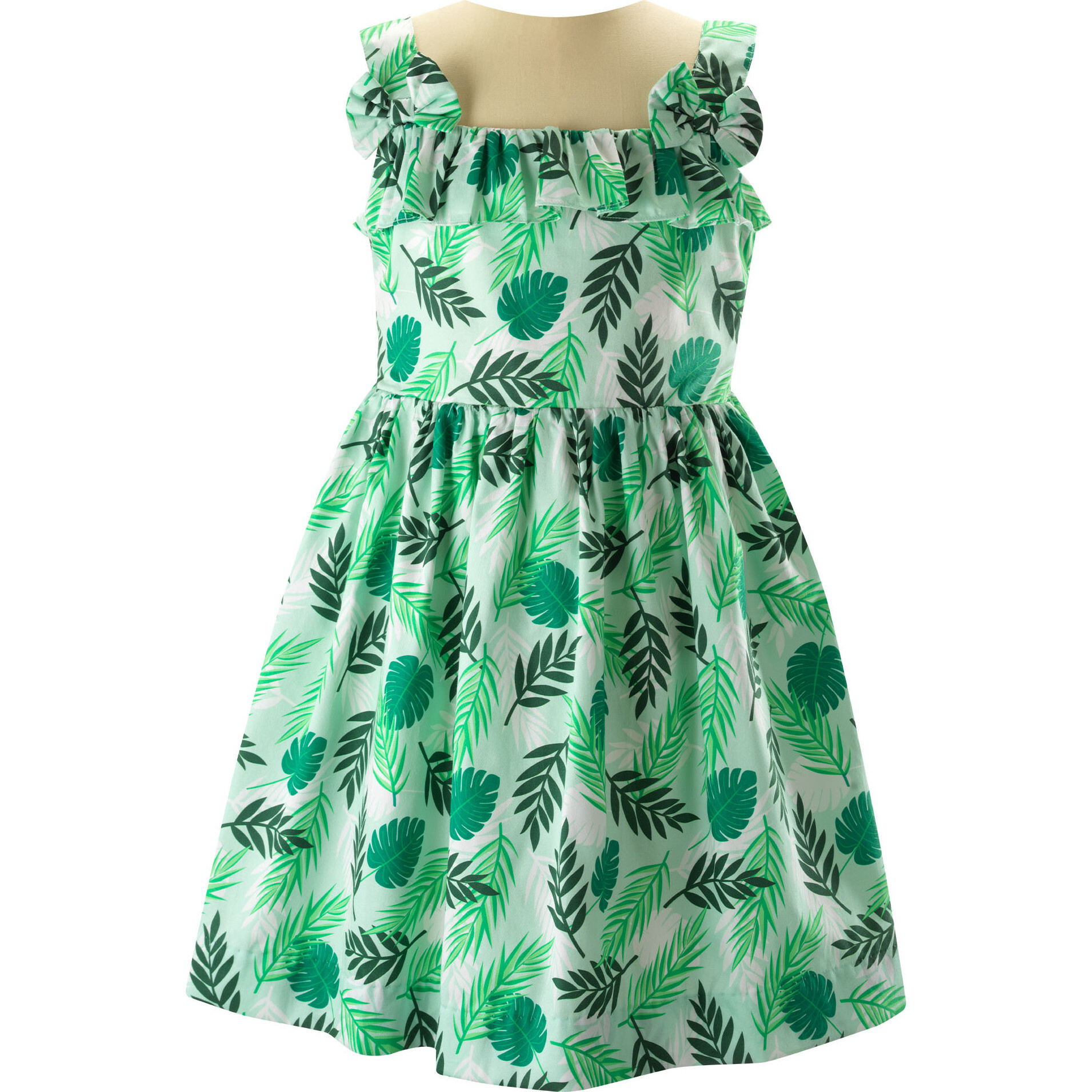 Palm Tree Print Cotton Ruffle Bow Strap Sundress, Green - Dresses - 1