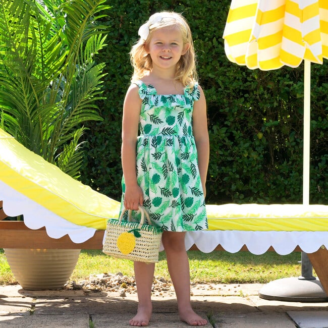 Palm Tree Print Cotton Ruffle Bow Strap Sundress, Green - Dresses - 3