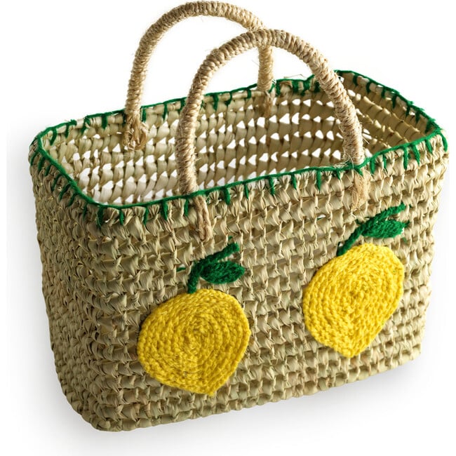 Lemon Embroidered Straw Beach Bag, Yellow