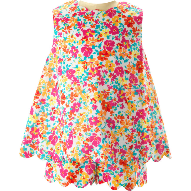 Leafy Floral Print Scalloped Sleeveless Top & Short Set, Multicolors