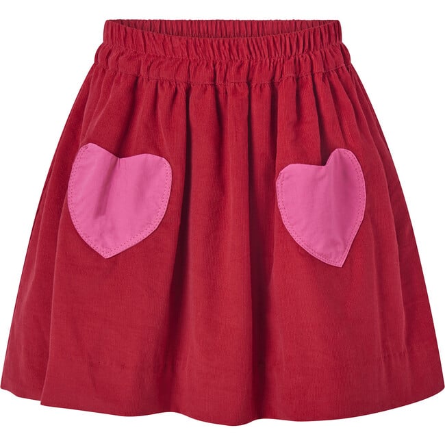 Heart Pocket Elastic Waist Babycord Pull-On Skirt, Red