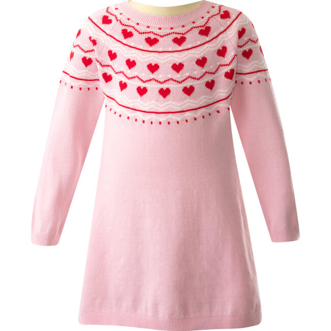 Heart Knit Ribbed Neck Long Sleeve A-Line Dress, Powder Pink