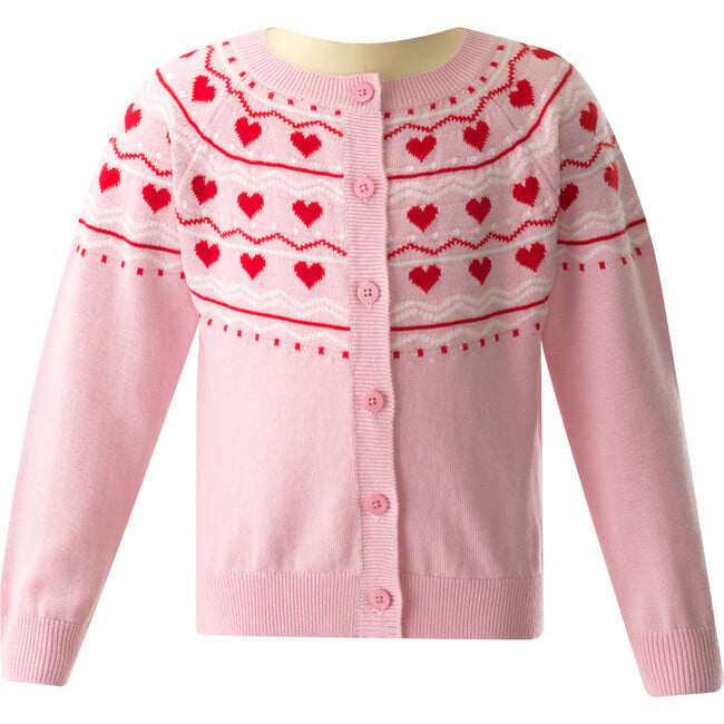 Heart Intarsia Ribbed Neck Pearl Button Cardigan, Powder Pink